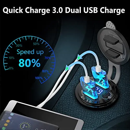 12V USB Outlet Quick Charge 3.0, Qidoe Aluminum Metal 12V Socket 36W Dual USB Charger with LED Voltmeter Power Switch Waterproof Fast Car Charger Adapter for Car Motorcycle RV Marine Golf Cart Truck