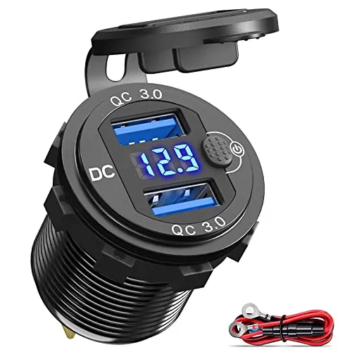 12V USB Outlet Quick Charge 3.0, Qidoe Aluminum Metal 12V Socket 36W Dual USB Charger with LED Voltmeter Power Switch Waterproof Fast Car Charger Adapter for Car Motorcycle RV Marine Golf Cart Truck