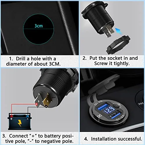 12V USB Outlet Quick Charge 3.0, Qidoe Aluminum Metal 12V Socket 36W Dual USB Charger with LED Voltmeter Power Switch Waterproof Fast Car Charger Adapter for Car Motorcycle RV Marine Golf Cart Truck