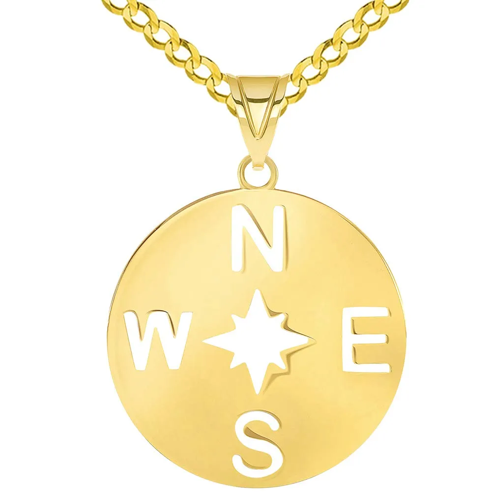 14k Yellow Gold Round 8-Point Wind North Star Compass Rose Pendant Curb Chain Necklace