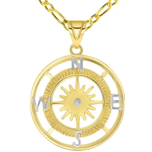 14k Yellow Gold Two Tone 16-Wind Point Compass Rose Pendant Necklace Available with Figaro Chain Necklaces