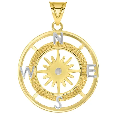 14k Yellow Gold Two Tone 16-Wind Point Compass Rose Pendant Necklace Available with Figaro Chain Necklaces