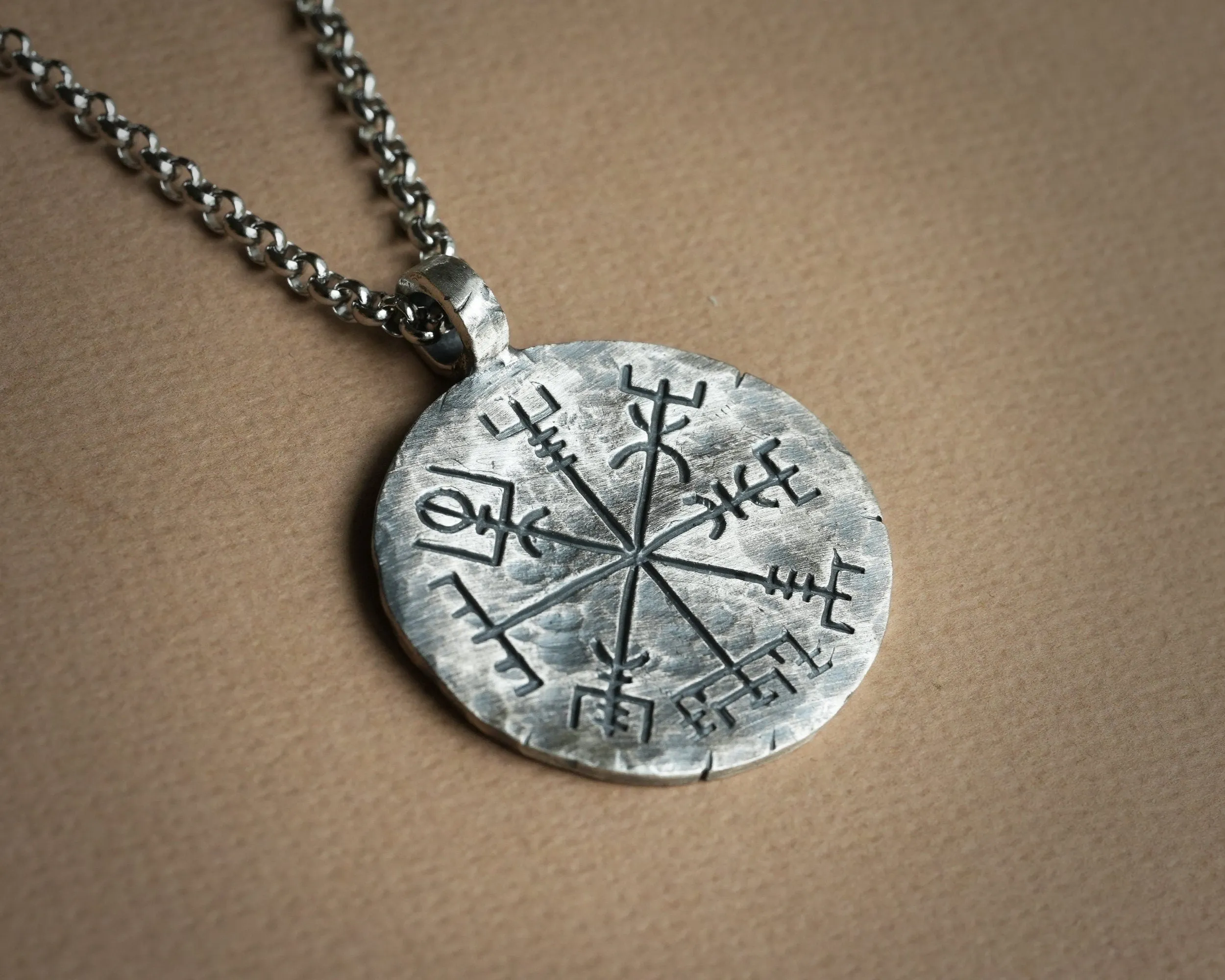 925 Sterling Silver Viking Jewelry Compass Vegvisir Pendant Necklace Norse Jewelry Hand Hammered