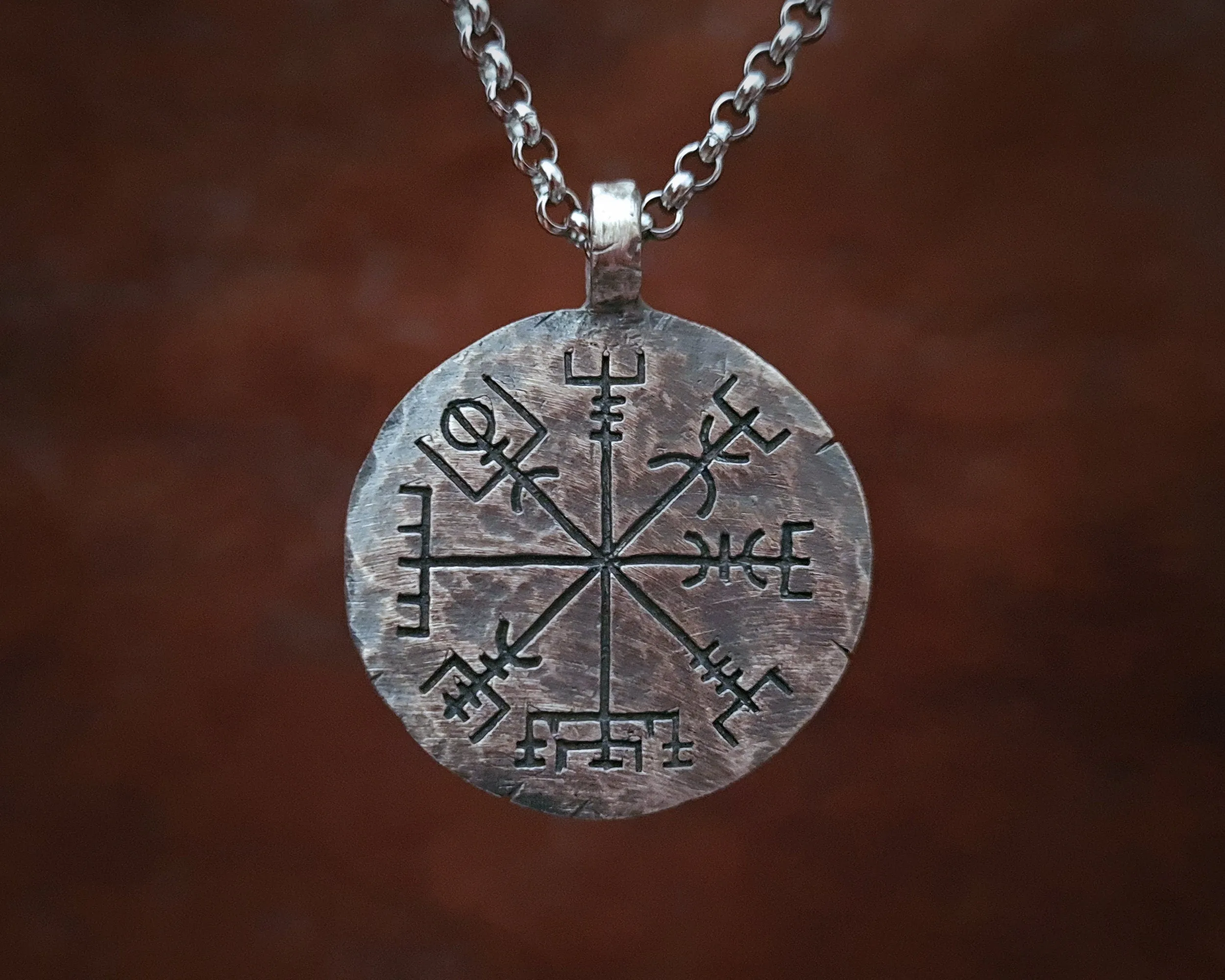 925 Sterling Silver Viking Jewelry Compass Vegvisir Pendant Necklace Norse Jewelry Hand Hammered