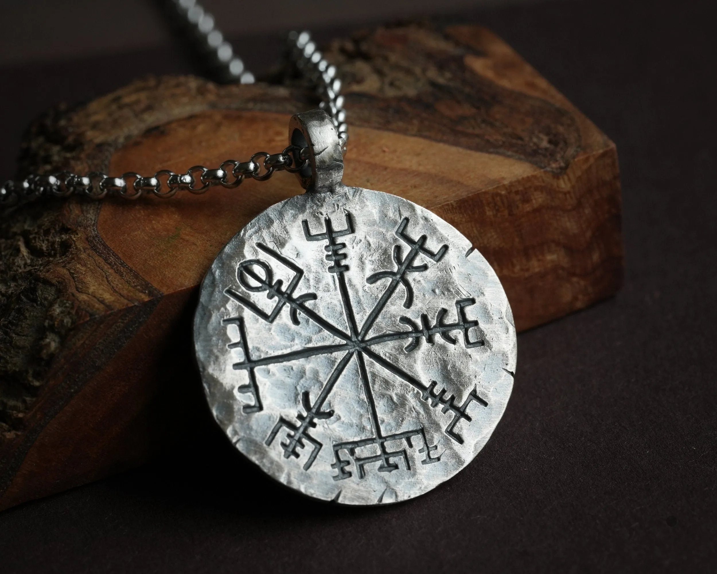 925 Sterling Silver Viking Jewelry Compass Vegvisir Pendant Necklace Norse Jewelry Hand Hammered