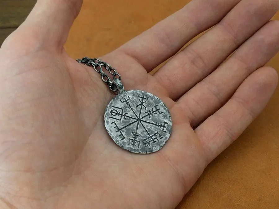 925 Sterling Silver Viking Jewelry Compass Vegvisir Pendant Necklace Norse Jewelry Hand Hammered