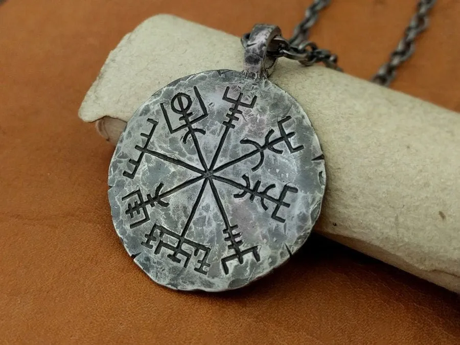 925 Sterling Silver Viking Jewelry Compass Vegvisir Pendant Necklace Norse Jewelry Hand Hammered