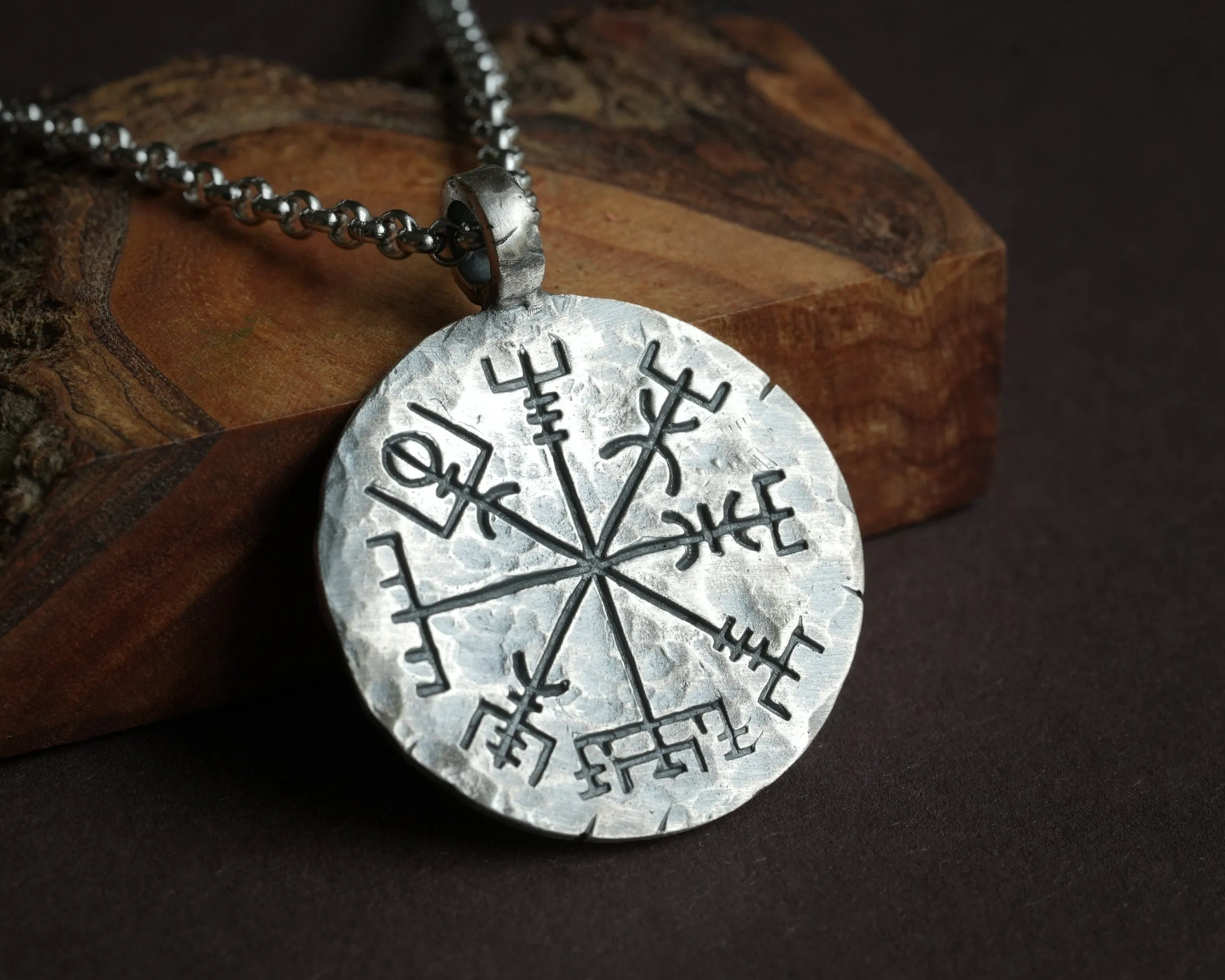 925 Sterling Silver Viking Jewelry Compass Vegvisir Pendant Necklace Norse Jewelry Hand Hammered