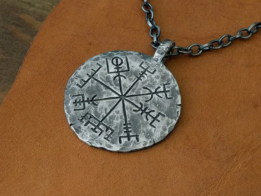 925 Sterling Silver Viking Jewelry Compass Vegvisir Pendant Necklace Norse Jewelry Hand Hammered