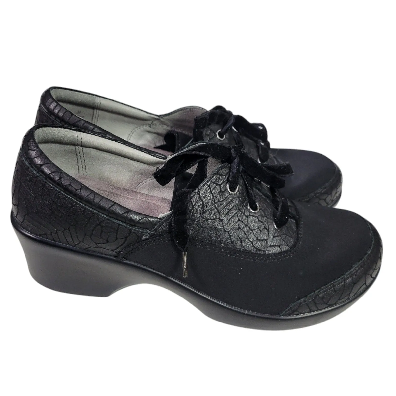 Alegria Madi Floral Notes Black Lace Up Oxfords Leather Comfort Wedge Neoprene 39 8.5