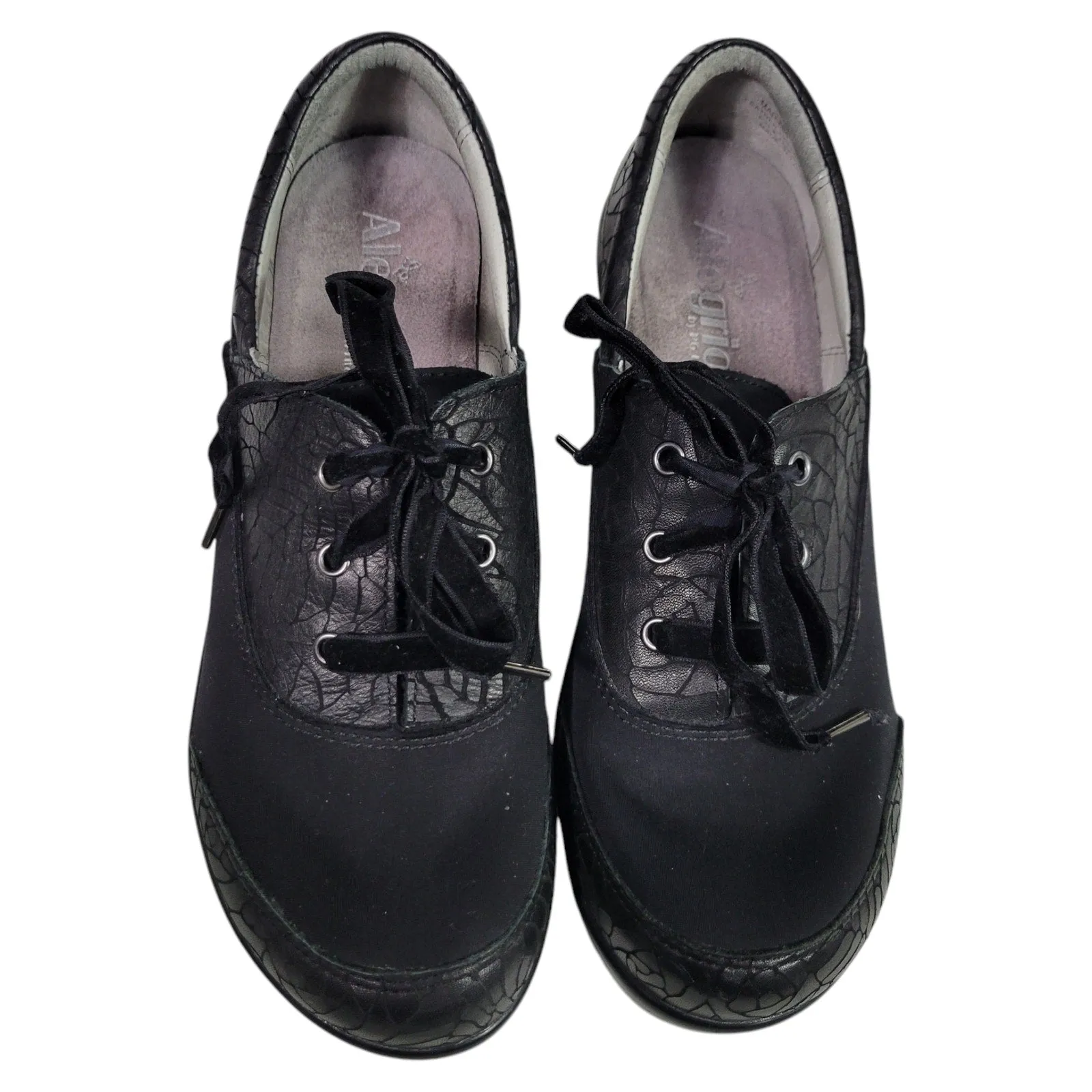 Alegria Madi Floral Notes Black Lace Up Oxfords Leather Comfort Wedge Neoprene 39 8.5