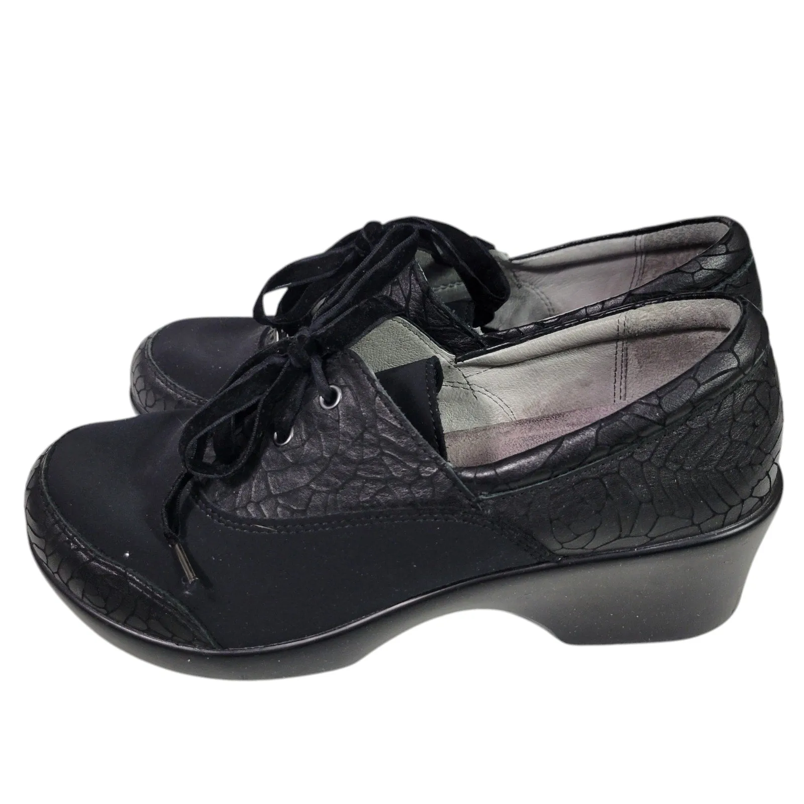 Alegria Madi Floral Notes Black Lace Up Oxfords Leather Comfort Wedge Neoprene 39 8.5