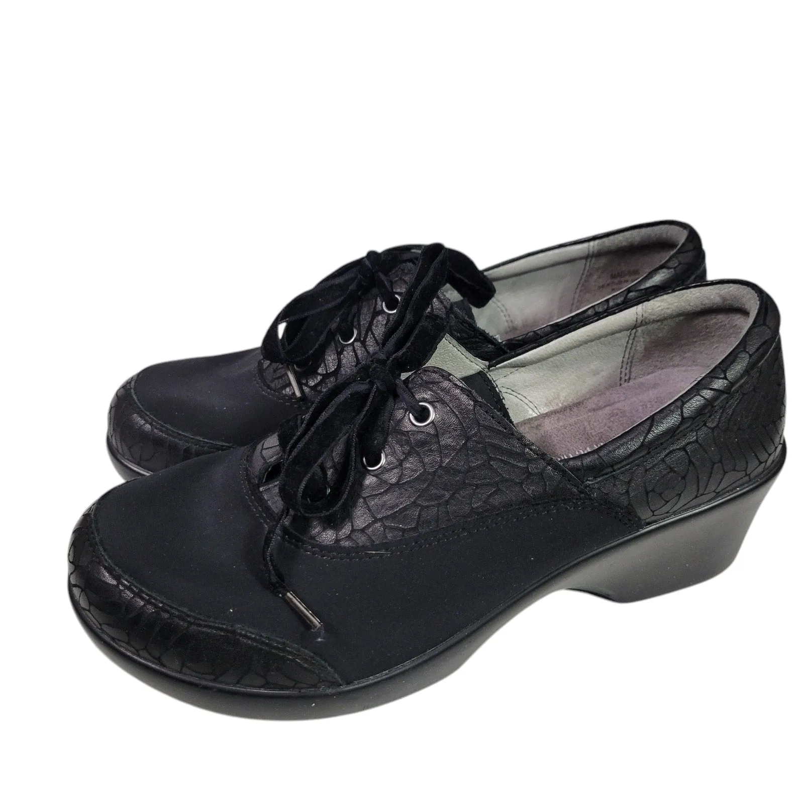 Alegria Madi Floral Notes Black Lace Up Oxfords Leather Comfort Wedge Neoprene 39 8.5