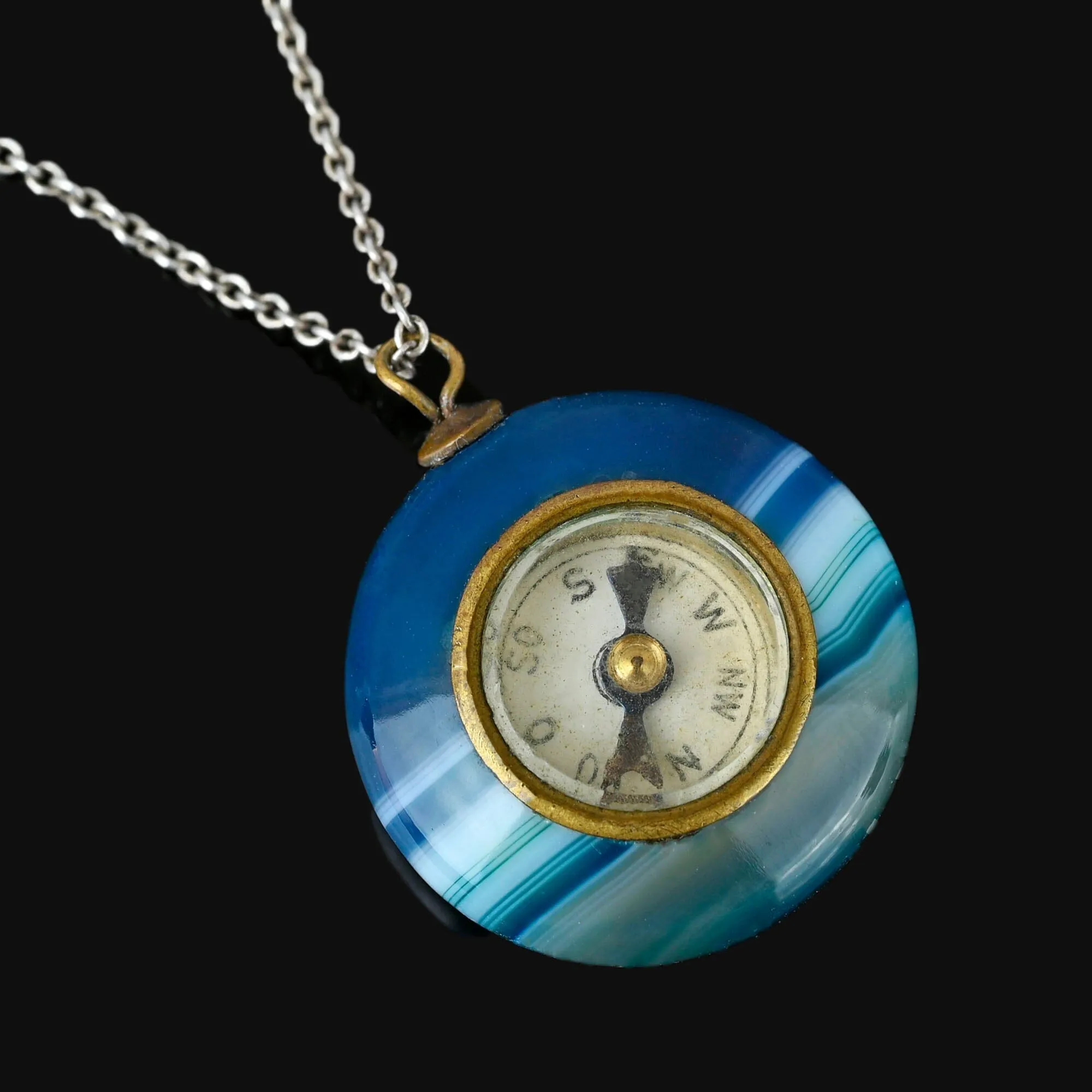 Antique Blue Banded Agate Working Compass Pendant Necklace