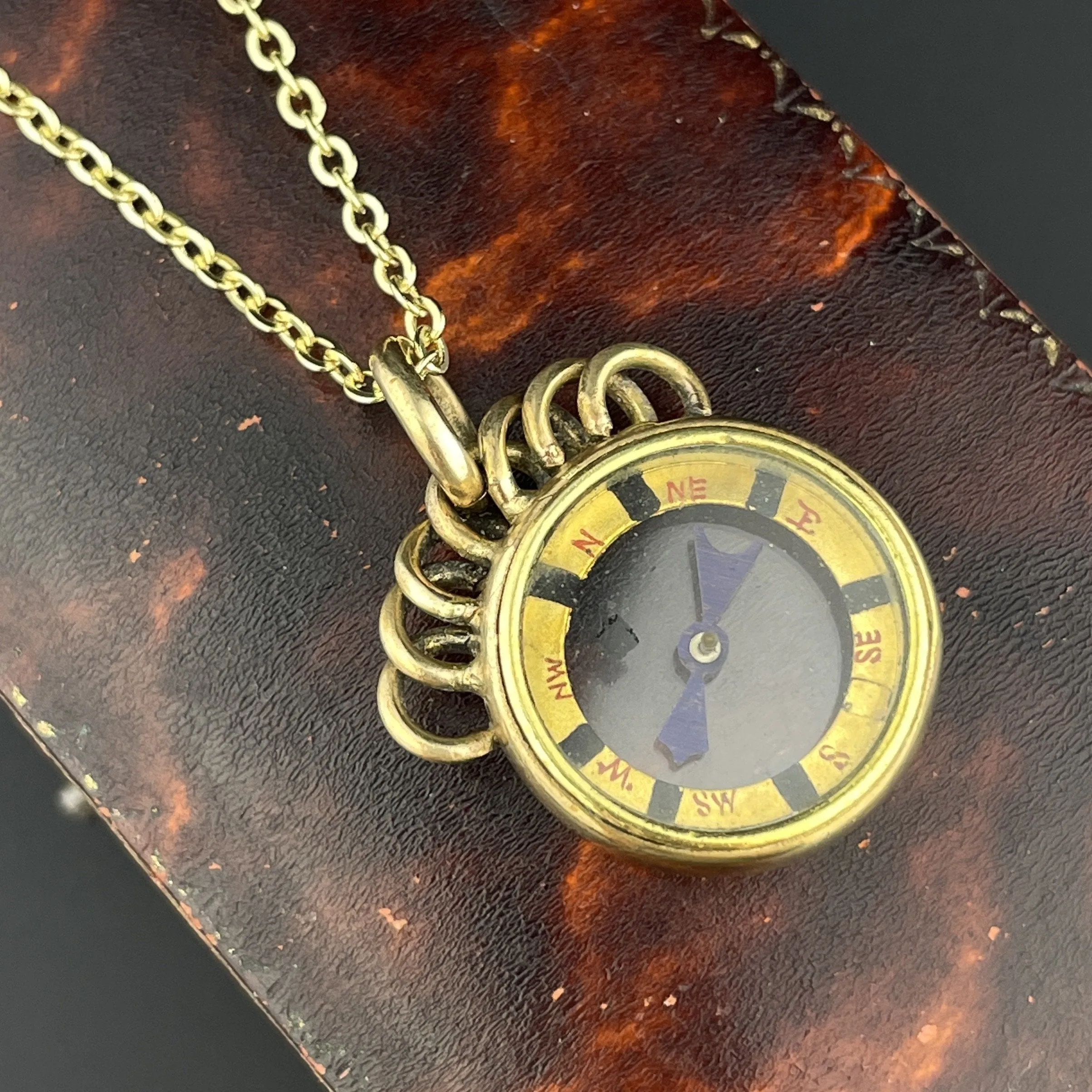 Antique Gold Filled Watch Fob Working Compass Pendant Necklace