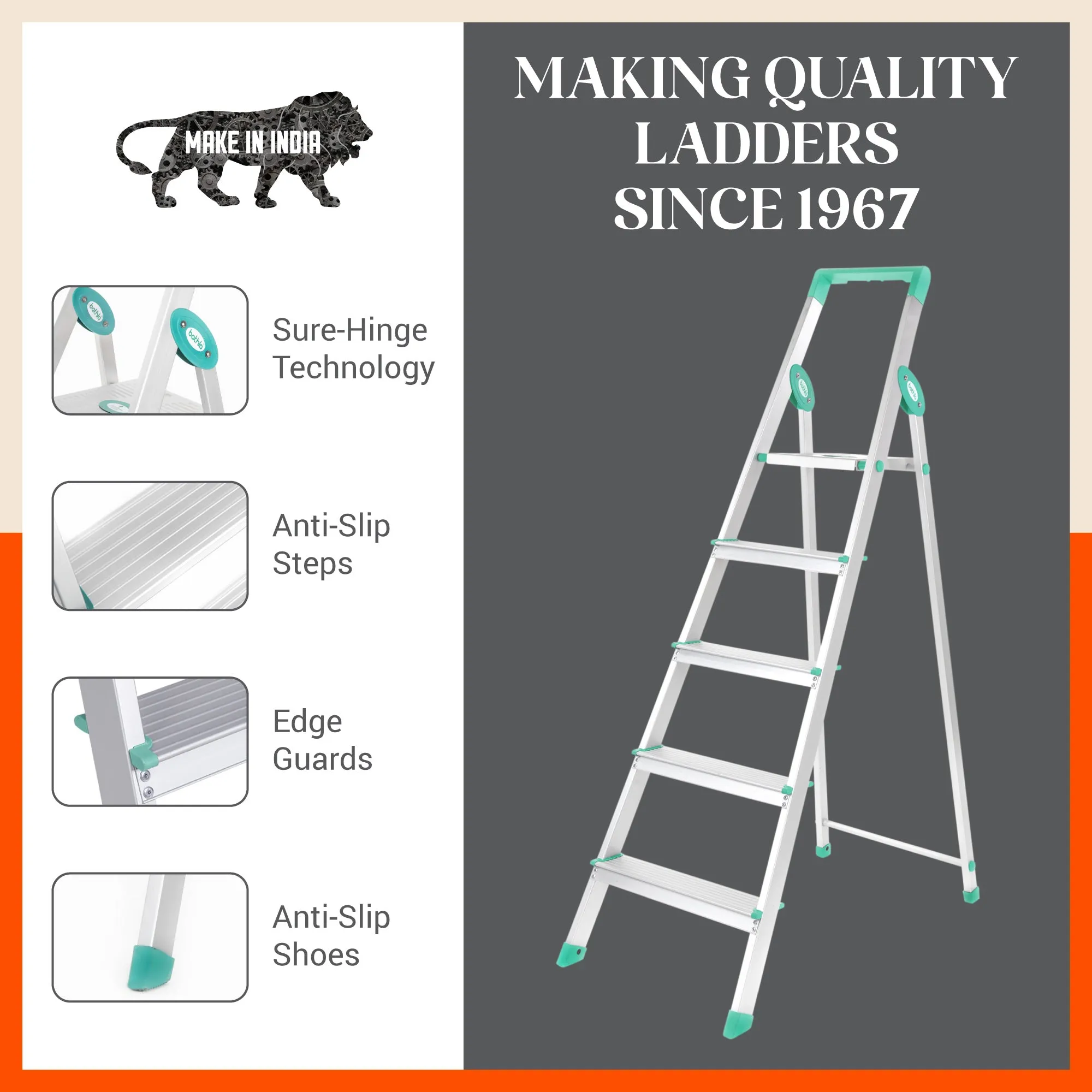 Bathla Prime 5-Step Foldable Aluminium Ladder for Home with Multi-Utility Support Handle (Teal)