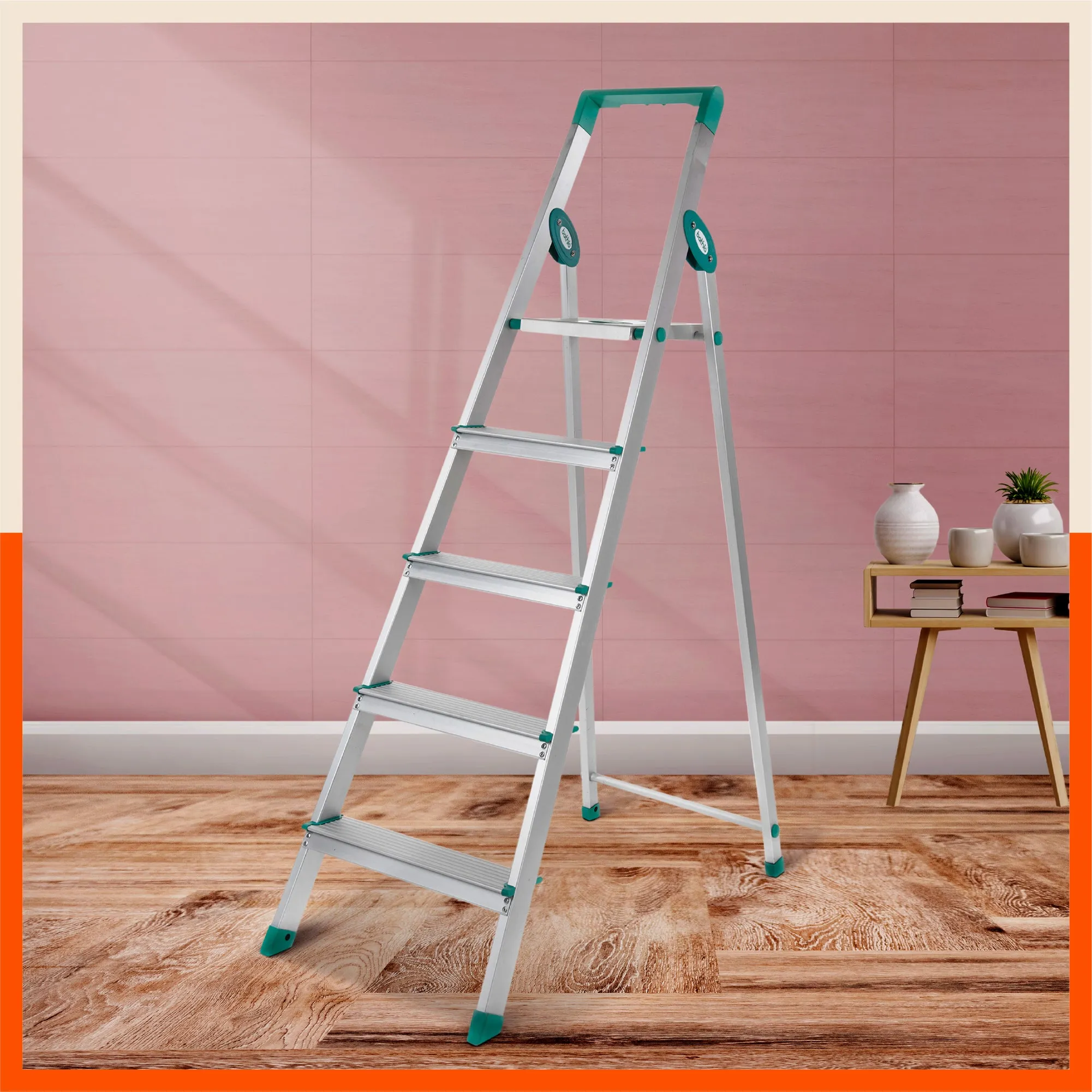 Bathla Prime 5-Step Foldable Aluminium Ladder for Home with Multi-Utility Support Handle (Teal)