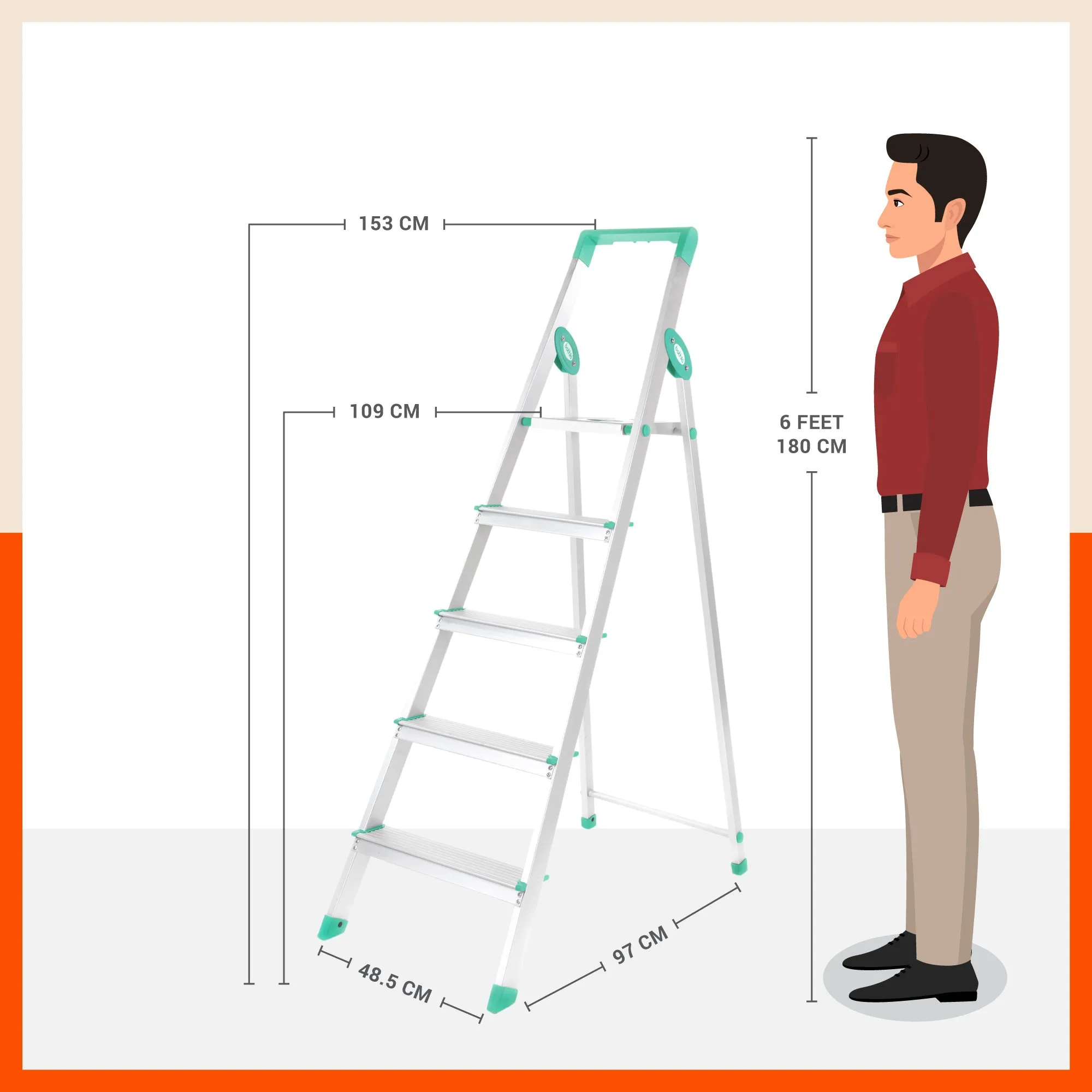 Bathla Prime 5-Step Foldable Aluminium Ladder for Home with Multi-Utility Support Handle (Teal)