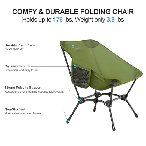 CAMEL CROWN Folding Camping Chair, Lightweight Portable Compact Lawn Chair with Side Pocket for Outdoor Travel Beach Picnic Hiking Backpacking Army Green