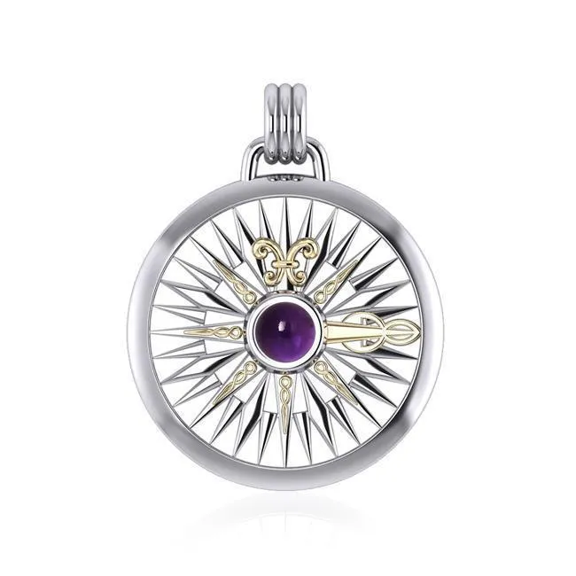 Celtic Fleur de Lis Compass Sterling Silver with 14k gold accent Pendant MPD075