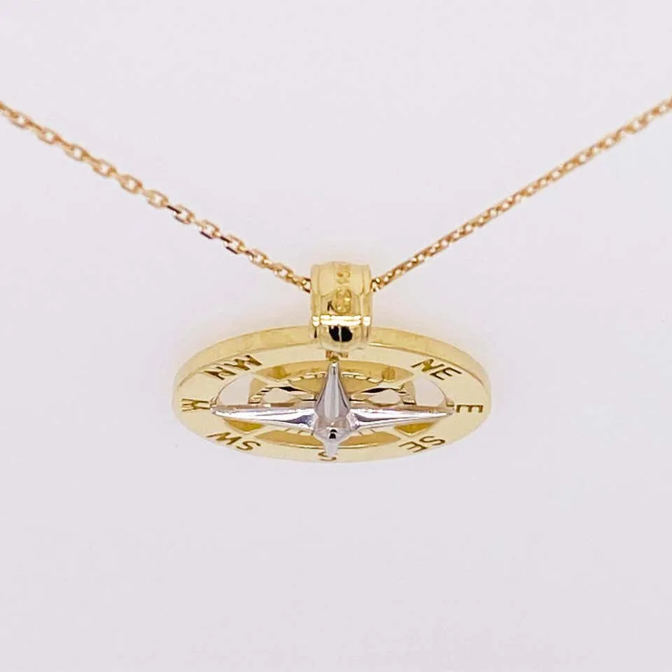 Gold Compass Necklace, 14 Karat Yellow White Gold, Journey to Follow Your Heart