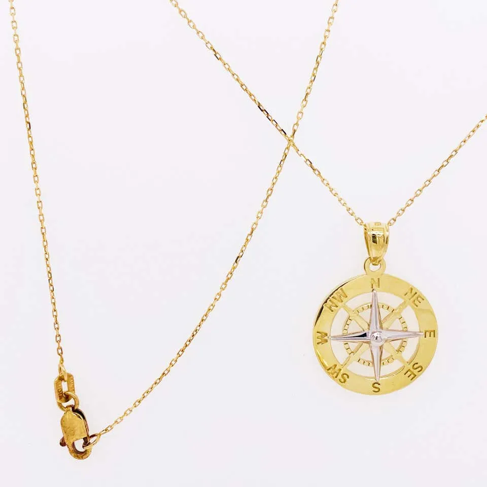 Gold Compass Necklace, 14 Karat Yellow White Gold, Journey to Follow Your Heart