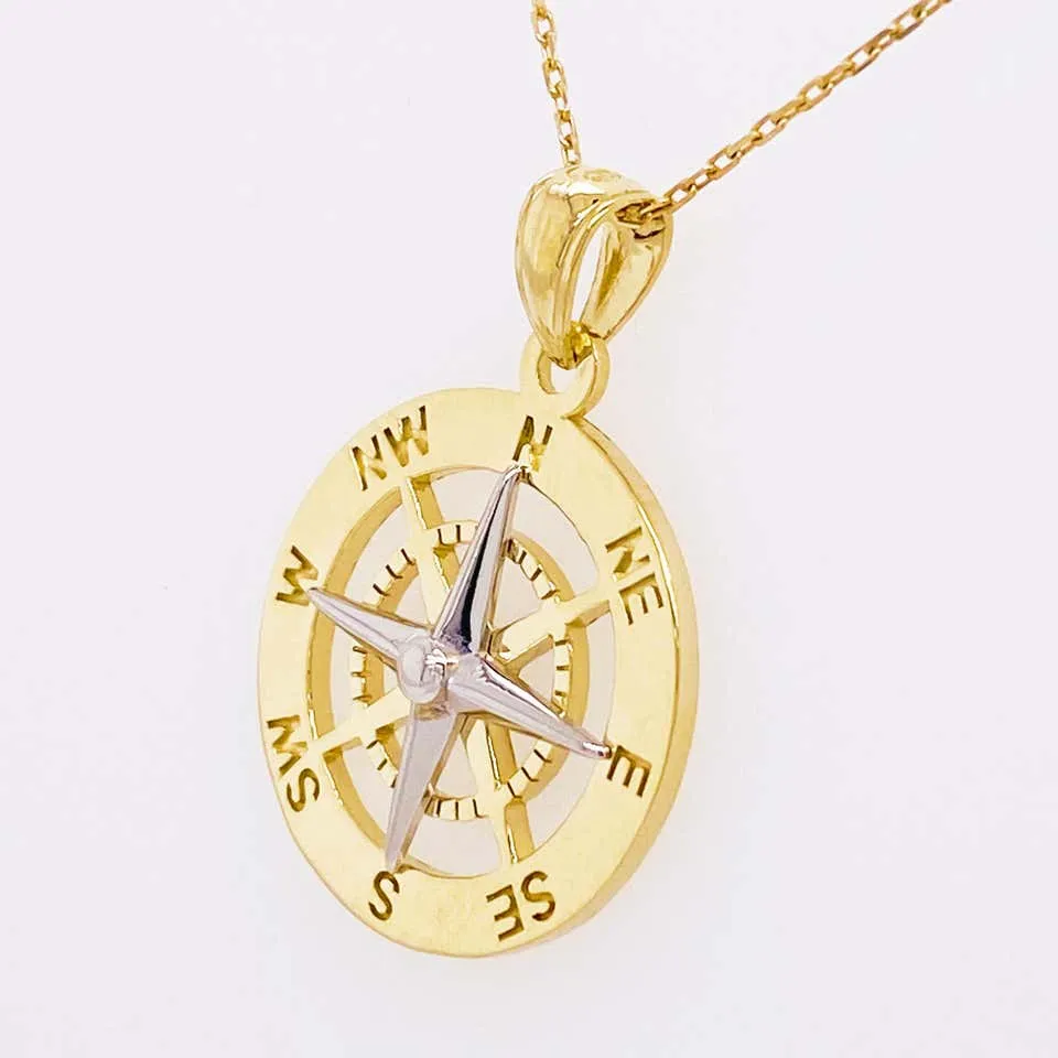 Gold Compass Necklace, 14 Karat Yellow White Gold, Journey to Follow Your Heart