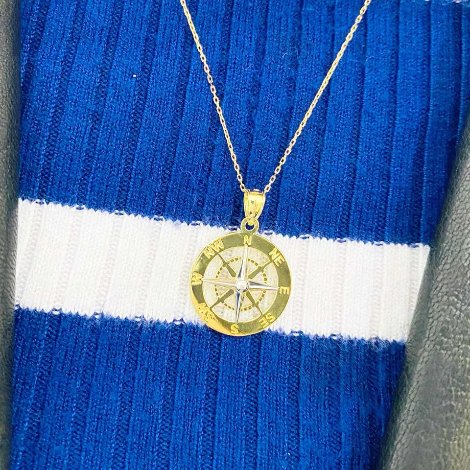 Gold Compass Necklace, 14 Karat Yellow White Gold, Journey to Follow Your Heart