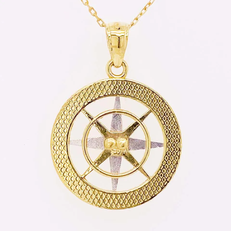 Gold Compass Necklace, 14 Karat Yellow White Gold, Journey to Follow Your Heart