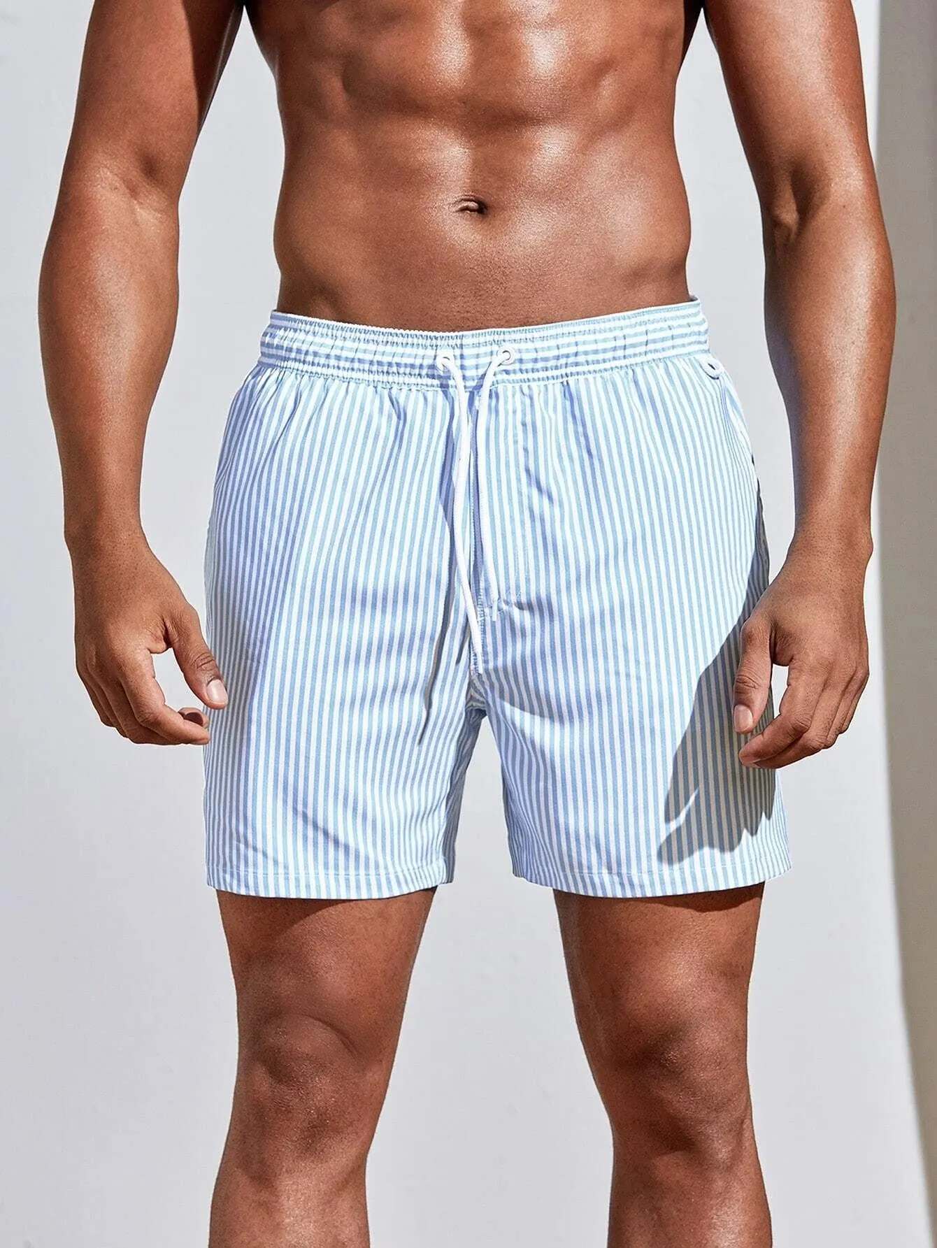 MEN'S TAN-THROUGH SWIM SHORT - Light Blue Pinstripe